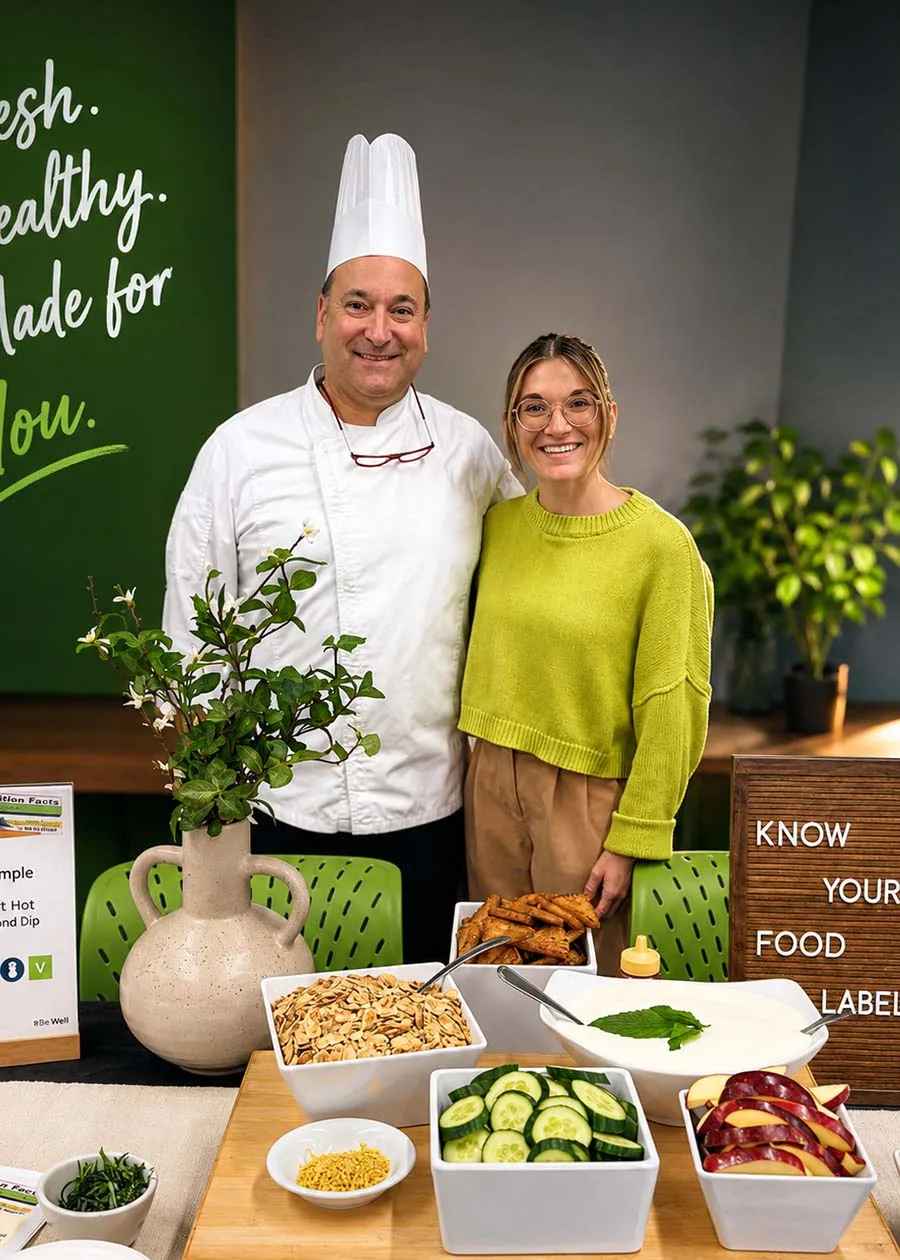 Dietitian and chef standing at information table with samples of food